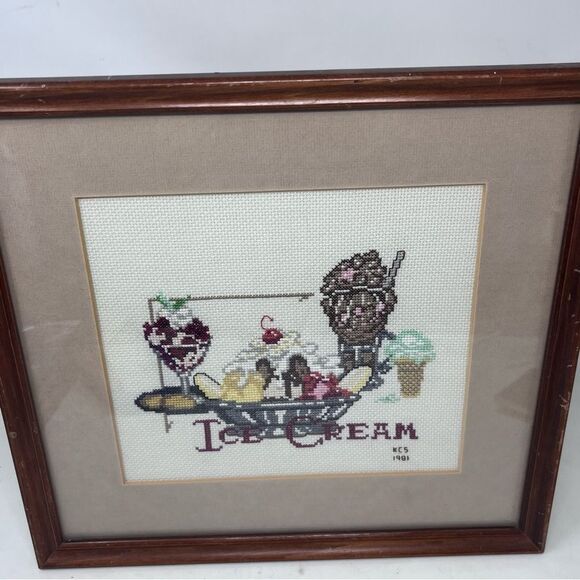 Framed Matted Vintage 1981 Cross stitch Ice Cream Banana Split Sundae 14x13 - Picture 3 of 9